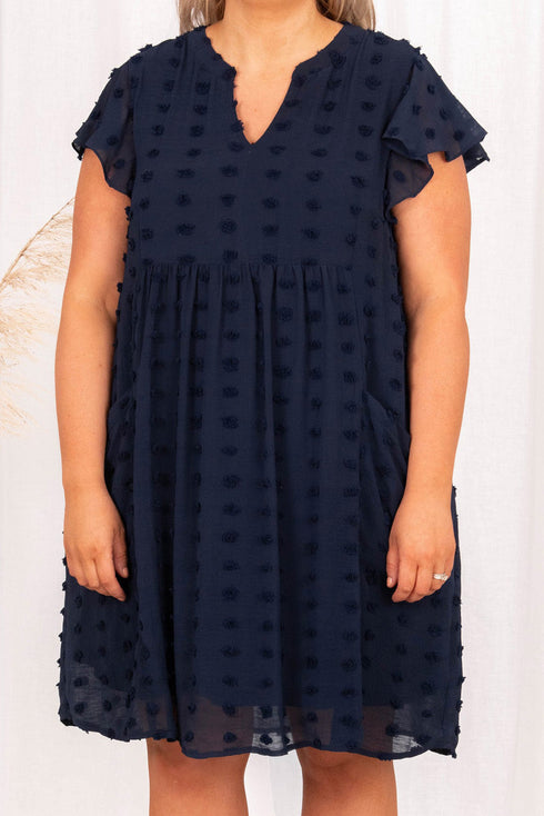 Dotty Textured Notched Neck Plus Ruffled Dress