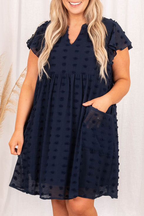 Dotty Textured Notched Neck Plus Ruffled Dress
