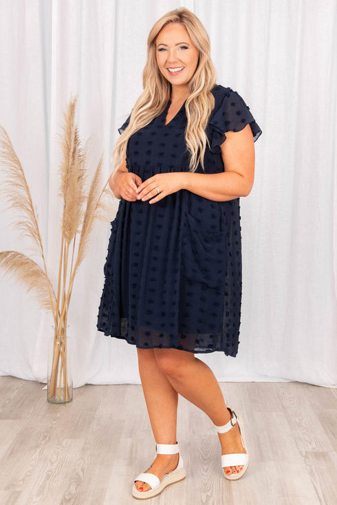 Dotty Textured Notched Neck Plus Ruffled Dress