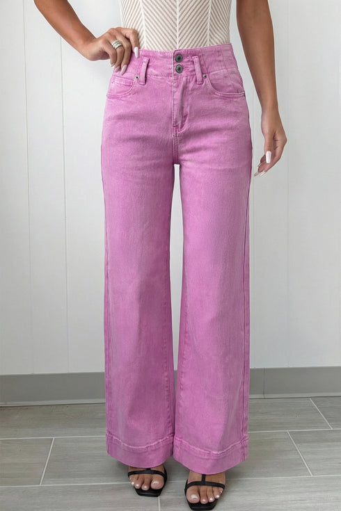 Double Button High Waist Wide Leg Flared Jeans