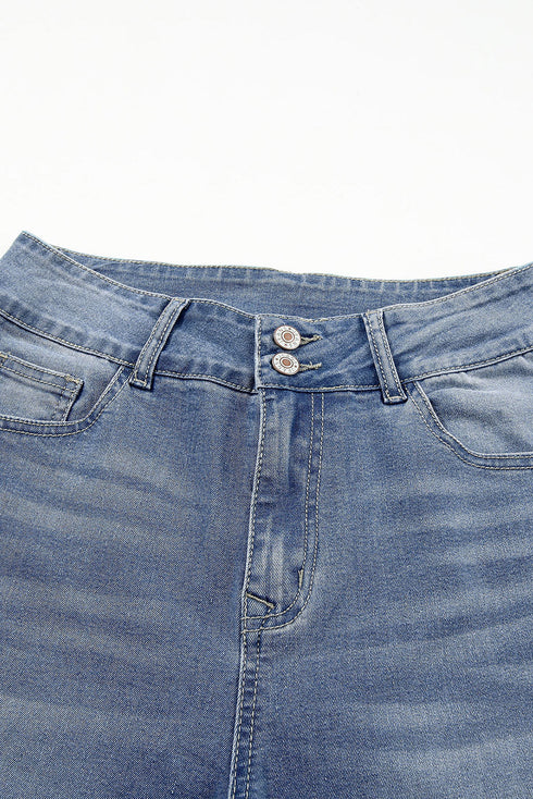 Double Button Raw Hem Slim Fit Stretch Denim Jeans