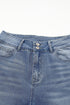 Double Button Raw Hem Slim Fit Stretch Denim Jeans