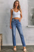 Double Button Raw Hem Slim Fit Stretch Denim Jeans