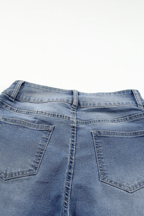 Double Button Raw Hem Slim Fit Stretch Denim Jeans