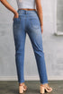 Double Button Raw Hem Slim Fit Stretch Denim Jeans