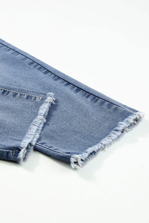 Double Button Raw Hem Slim Fit Stretch Denim Jeans