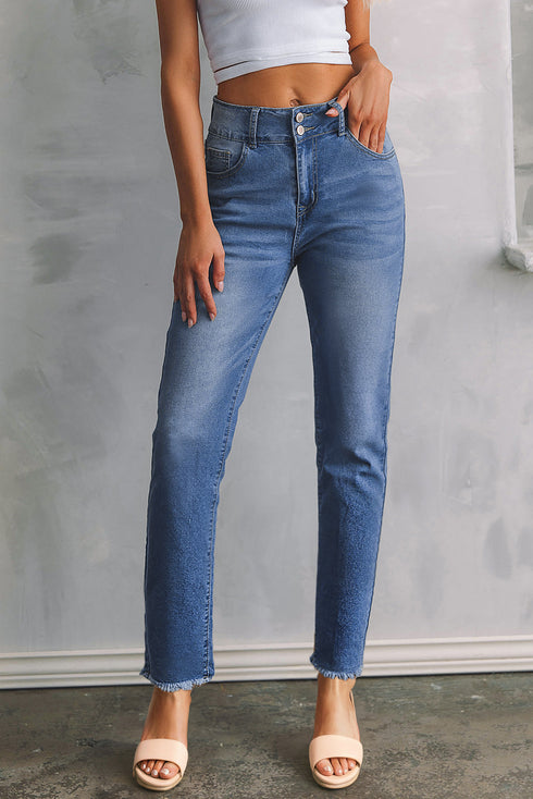 Double Button Raw Hem Slim Fit Stretch Denim Jeans