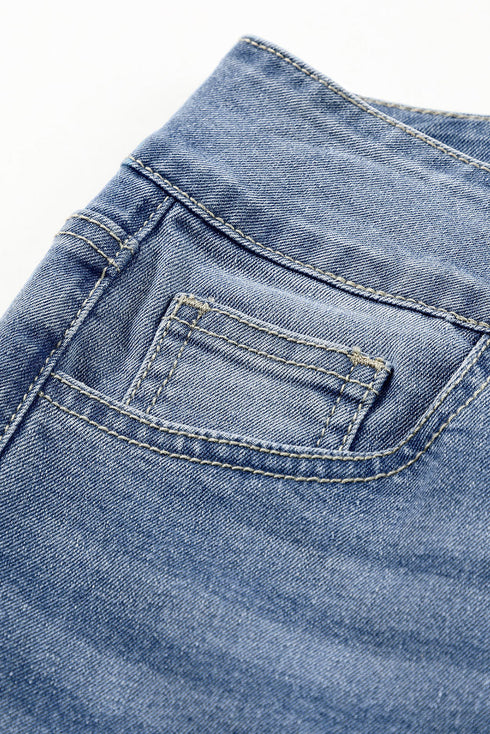 Double Button Raw Hem Slim Fit Stretch Denim Jeans