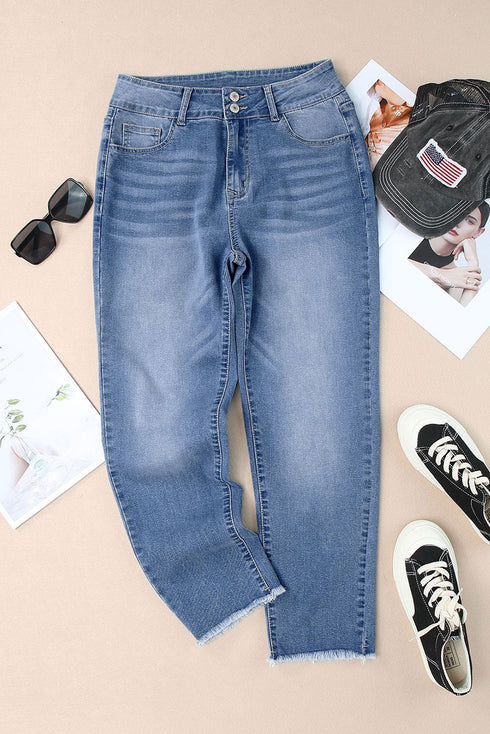 Double Button Raw Hem Slim Fit Stretch Denim Jeans