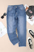 Double Button Raw Hem Slim Fit Stretch Denim Jeans