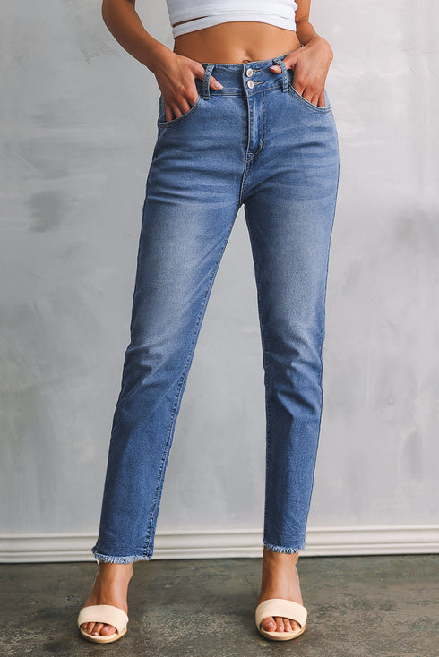 Double Button Raw Hem Slim Fit Stretch Denim Jeans