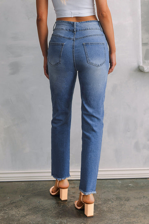 Double Button Raw Hem Slim Fit Stretch Denim Jeans
