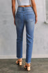 Double Button Raw Hem Slim Fit Stretch Denim Jeans