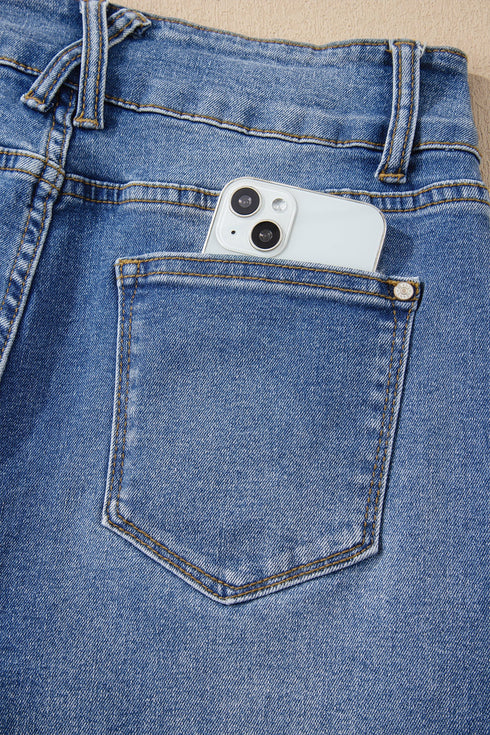 Double Button Zip Fly Wide Straight Leg Jeans