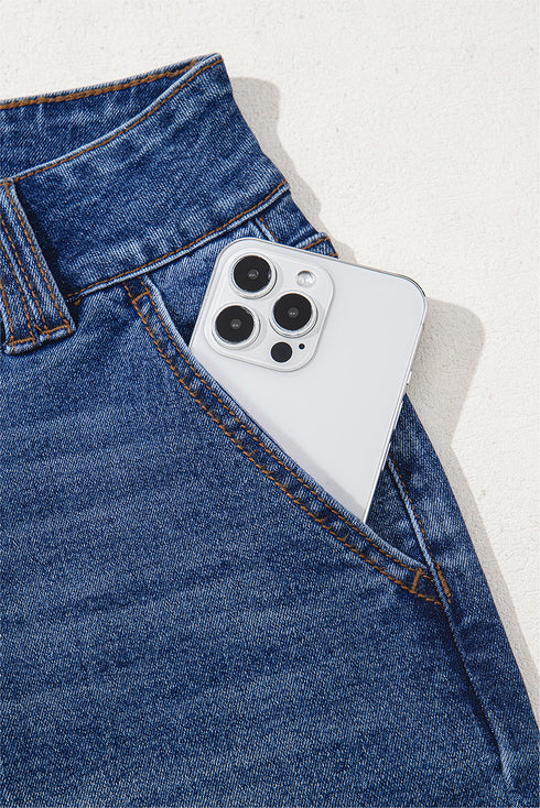Double Button Zip Fly Wide Straight Leg Jeans