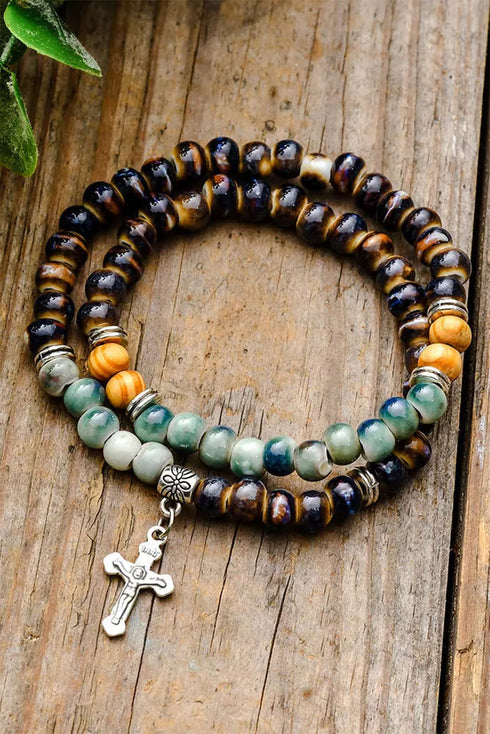 Double Layered Ceramic Beading Western Cross Charm Bracelet