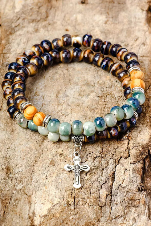 Double Layered Ceramic Beading Western Cross Charm Bracelet
