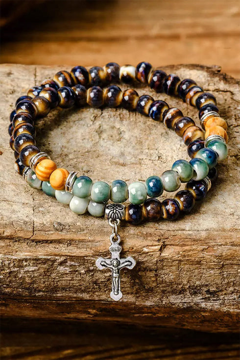 Double Layered Ceramic Beading Western Cross Charm Bracelet