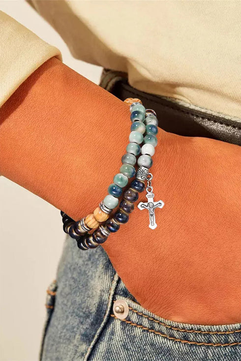 Double Layered Ceramic Beading Western Cross Charm Bracelet
