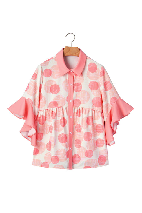 Double Polka Dot Ruffle Trim Short Sleeve Babydoll Shirt