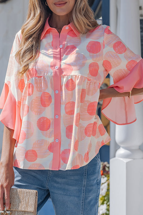 Double Polka Dot Ruffle Trim Short Sleeve Babydoll Shirt