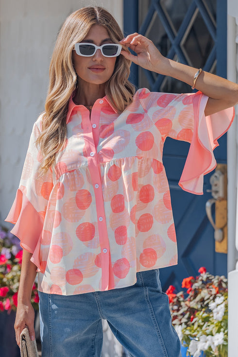 Double Polka Dot Ruffle Trim Short Sleeve Babydoll Shirt