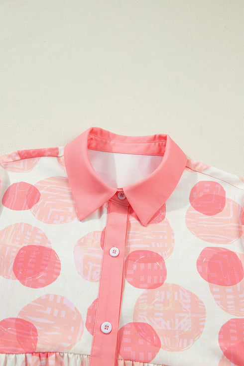 Double Polka Dot Ruffle Trim Short Sleeve Babydoll Shirt