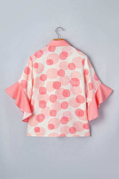 Double Polka Dot Ruffle Trim Short Sleeve Babydoll Shirt