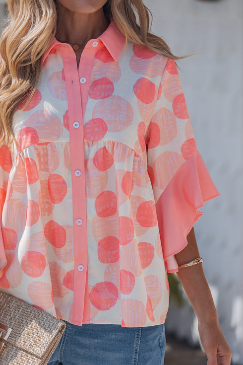Double Polka Dot Ruffle Trim Short Sleeve Babydoll Shirt