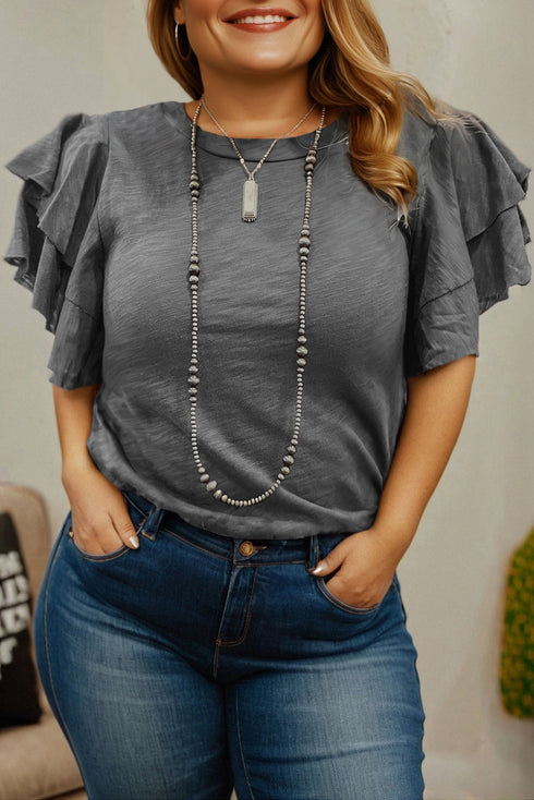 Double Ruffled Short Sleeve Western Top