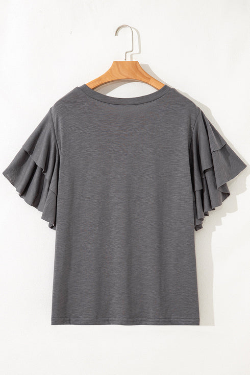 Double Ruffled Short Sleeve Western Top