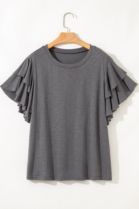 Double Ruffled Short Sleeve Western Top