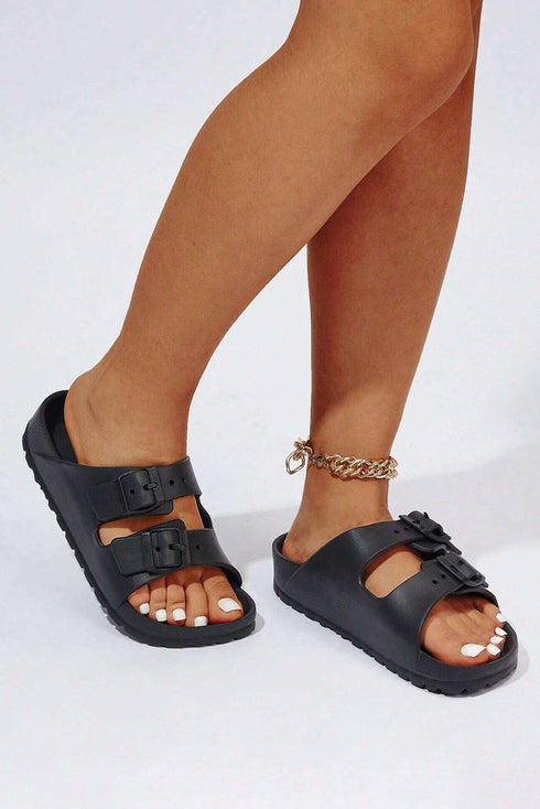 Double Strap Adjustable Buckle Molded Slide Slippers