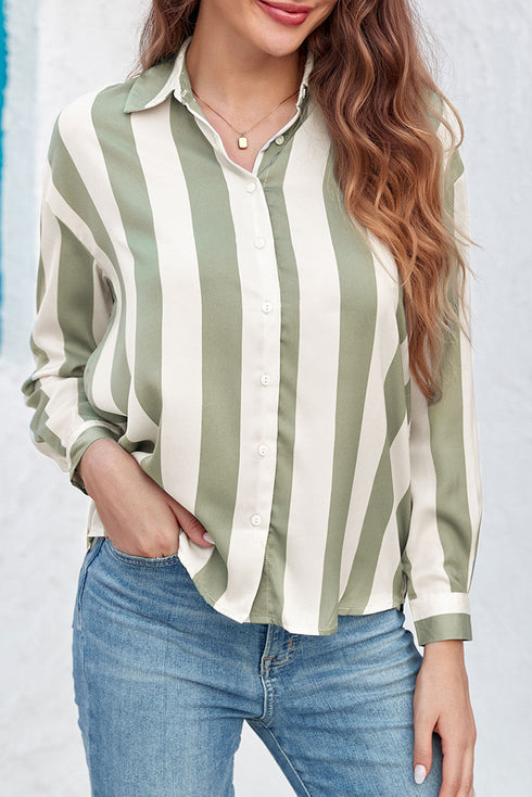 Downtown Chic Relaxed Fit Silky Vertical Stripe Button Up Shirt