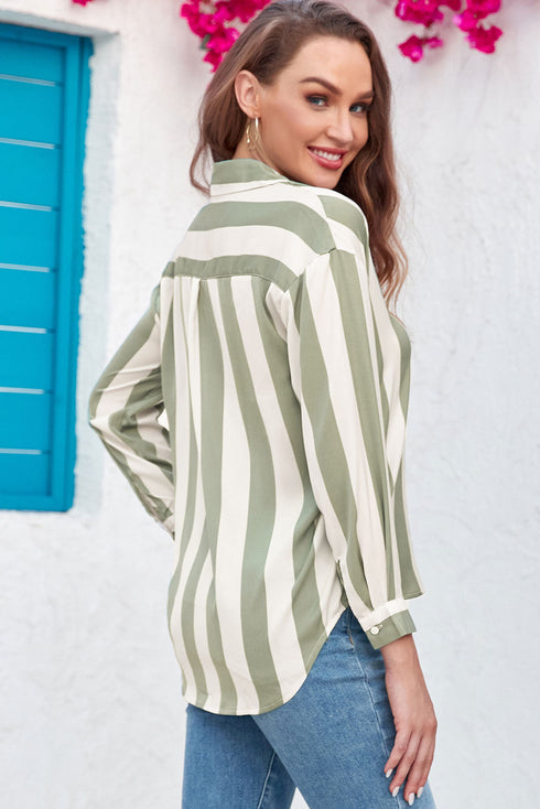 Downtown Chic Relaxed Fit Silky Vertical Stripe Button Up Shirt