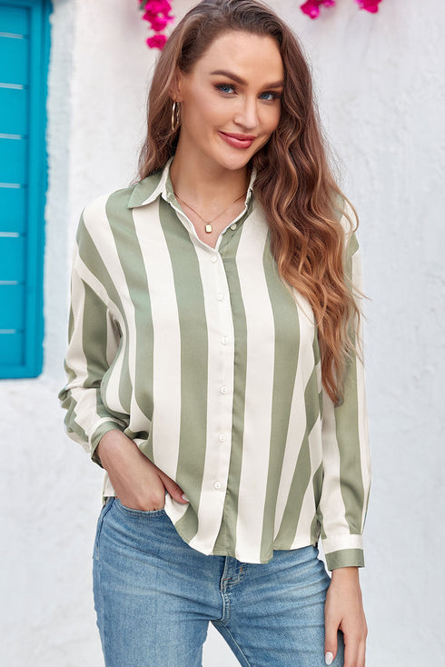 Downtown Chic Relaxed Fit Silky Vertical Stripe Button Up Shirt