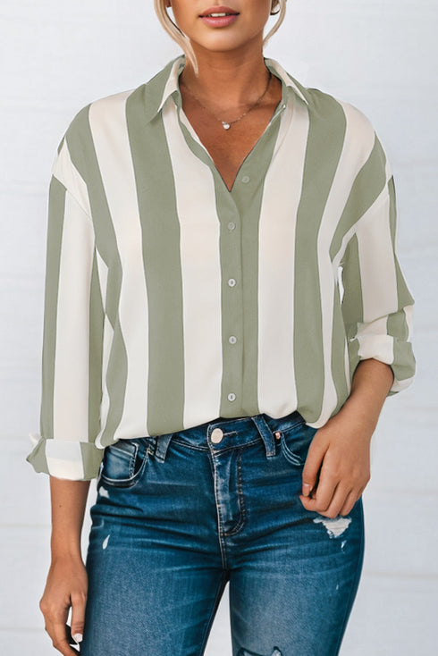 Downtown Chic Relaxed Fit Silky Vertical Stripe Button Up Shirt