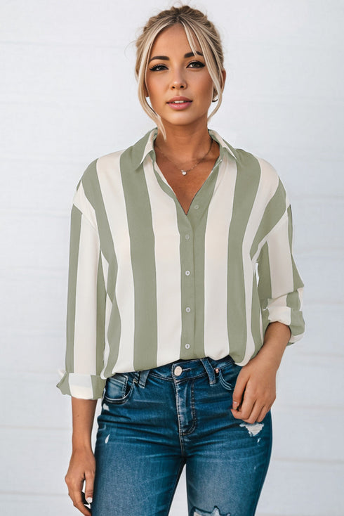 Downtown Chic Relaxed Fit Silky Vertical Stripe Button Up Shirt