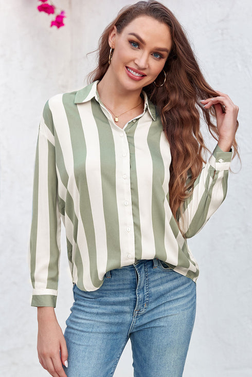 Downtown Chic Relaxed Fit Silky Vertical Stripe Button Up Shirt
