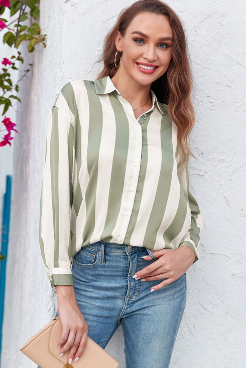 Downtown Chic Relaxed Fit Silky Vertical Stripe Button Up Shirt