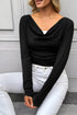 Draped V Neck Pleated Long Sleeve Top