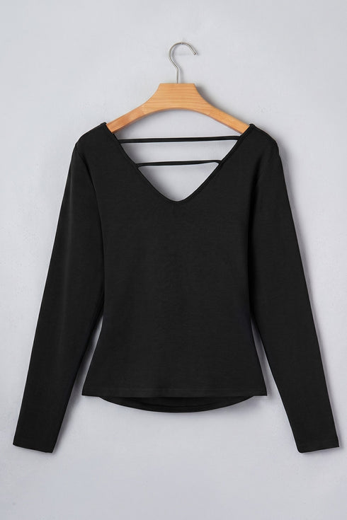 Draped V Neck Pleated Long Sleeve Top