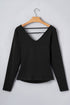 Draped V Neck Pleated Long Sleeve Top