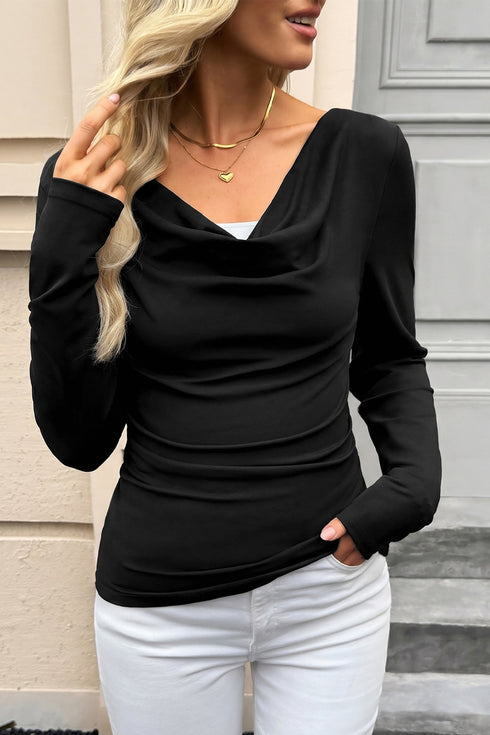 Draped V Neck Pleated Long Sleeve Top
