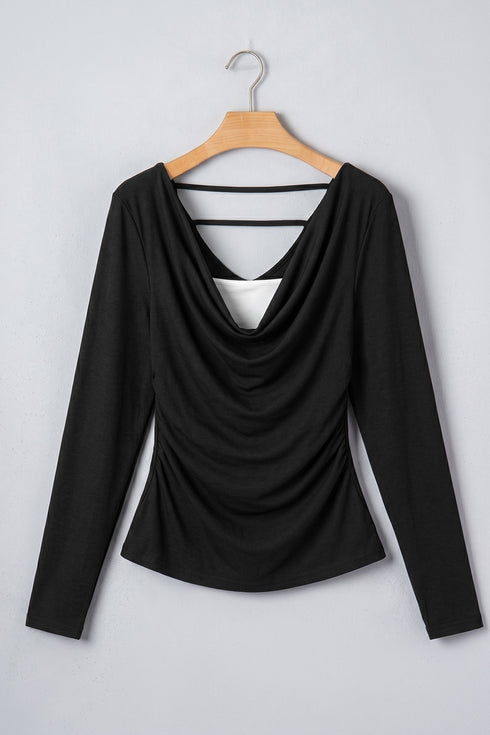 Draped V Neck Pleated Long Sleeve Top