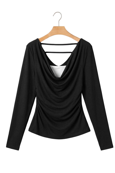 Draped V Neck Pleated Long Sleeve Top