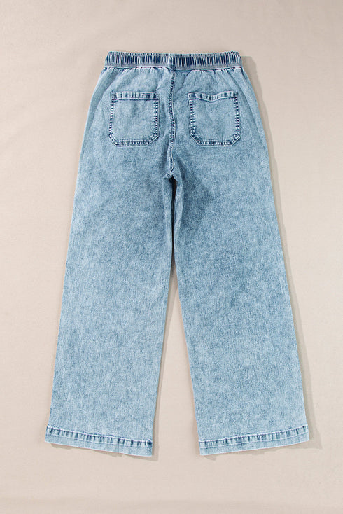 Drawstring Elastic Waist Loose Wide Leg Denim Jeans