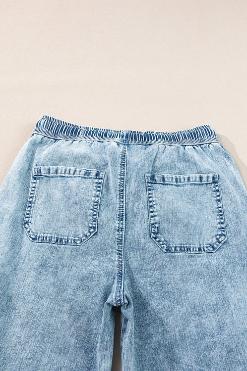 Drawstring Elastic Waist Loose Wide Leg Denim Jeans