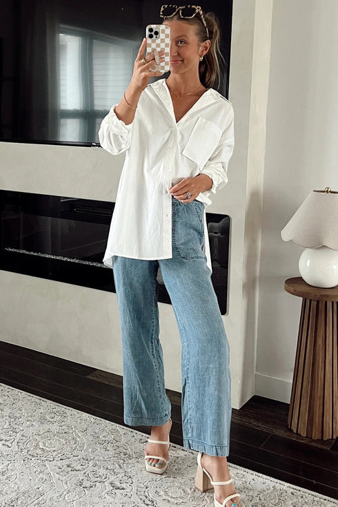 Drawstring Elastic Waist Loose Wide Leg Denim Jeans