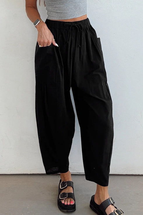 Drawstring Elastic Waist Patch Pocket Barrel Leg Pants